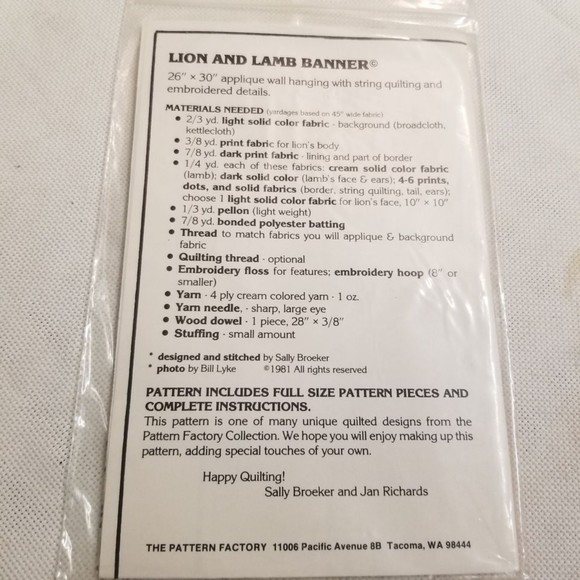 1981 The Pattern Factory Lion and Lamb Banner applique pattern Pat020 - Picture 4 of 5